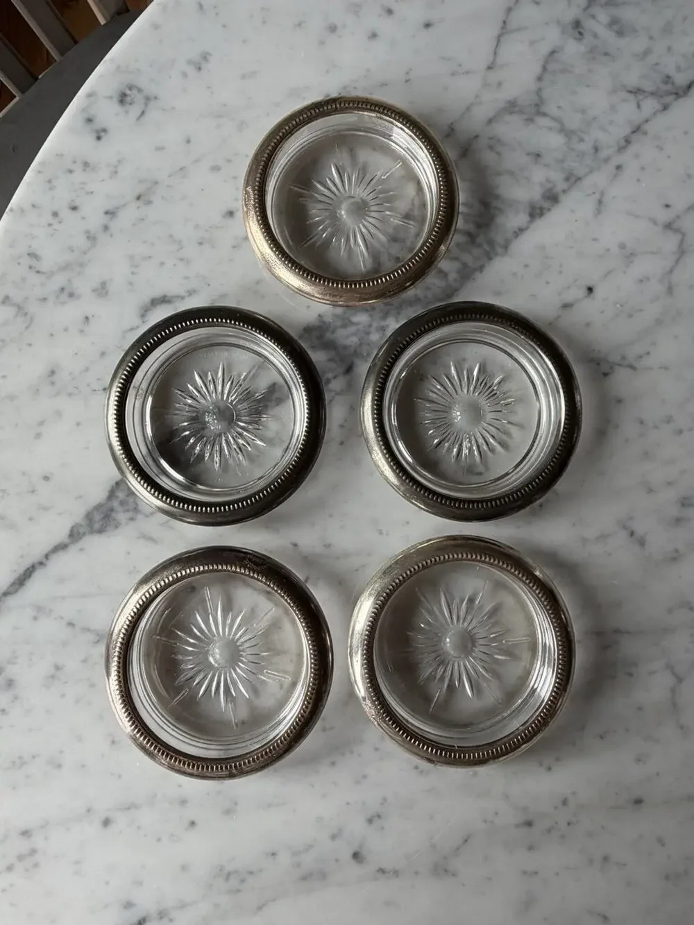 Set of 5 Leonard Silver Plated Glass Coaster Starburst Pattern Round Stackable
